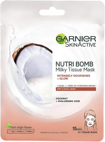 GARNIER Maschera in Tessuto Nutriente Illuminante NutriBomb, Pelli Secche e Spente, Latte di Cocco