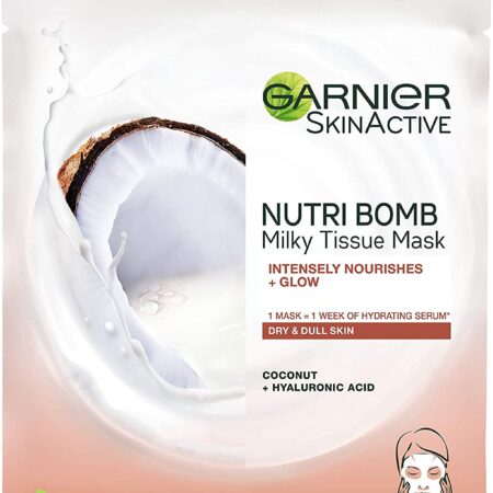 GARNIER Maschera in Tessuto Nutriente Illuminante NutriBomb, Pelli Secche e Spente, Latte di Cocco